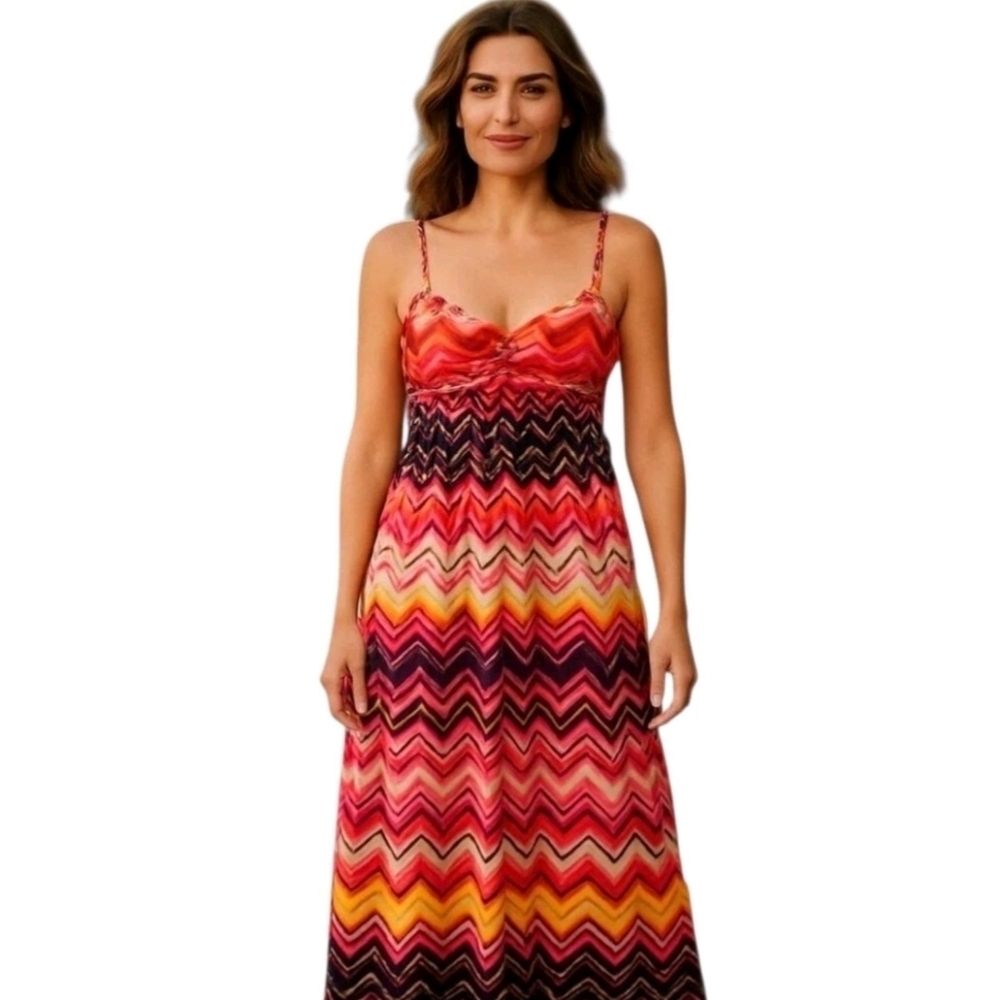 BISOU Bisou Zig Zag Lined Pullover Multi-Color Braided Straps Maxi Dress Size 8